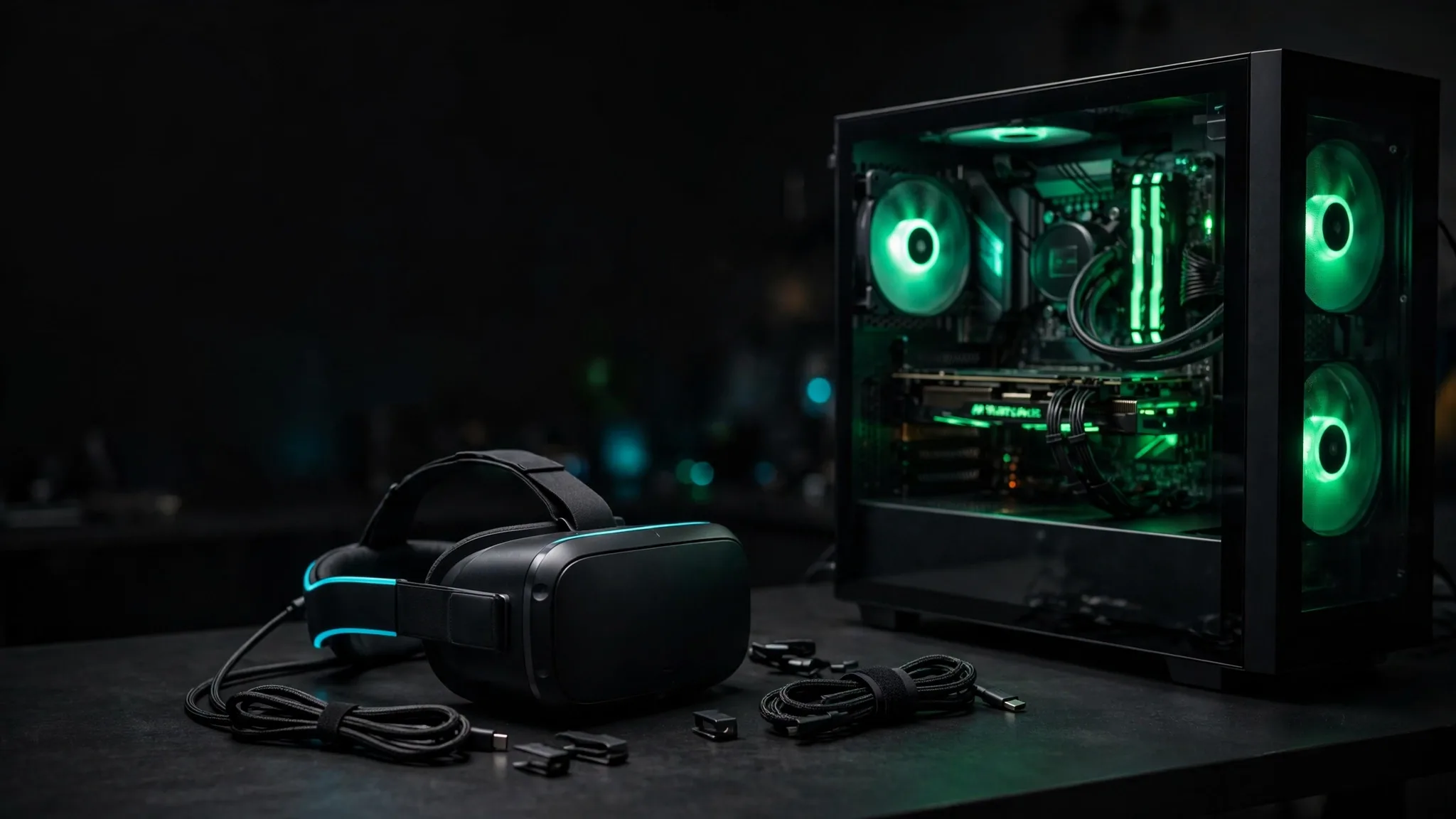 A VR headset resting on a desk beside a gaming PC