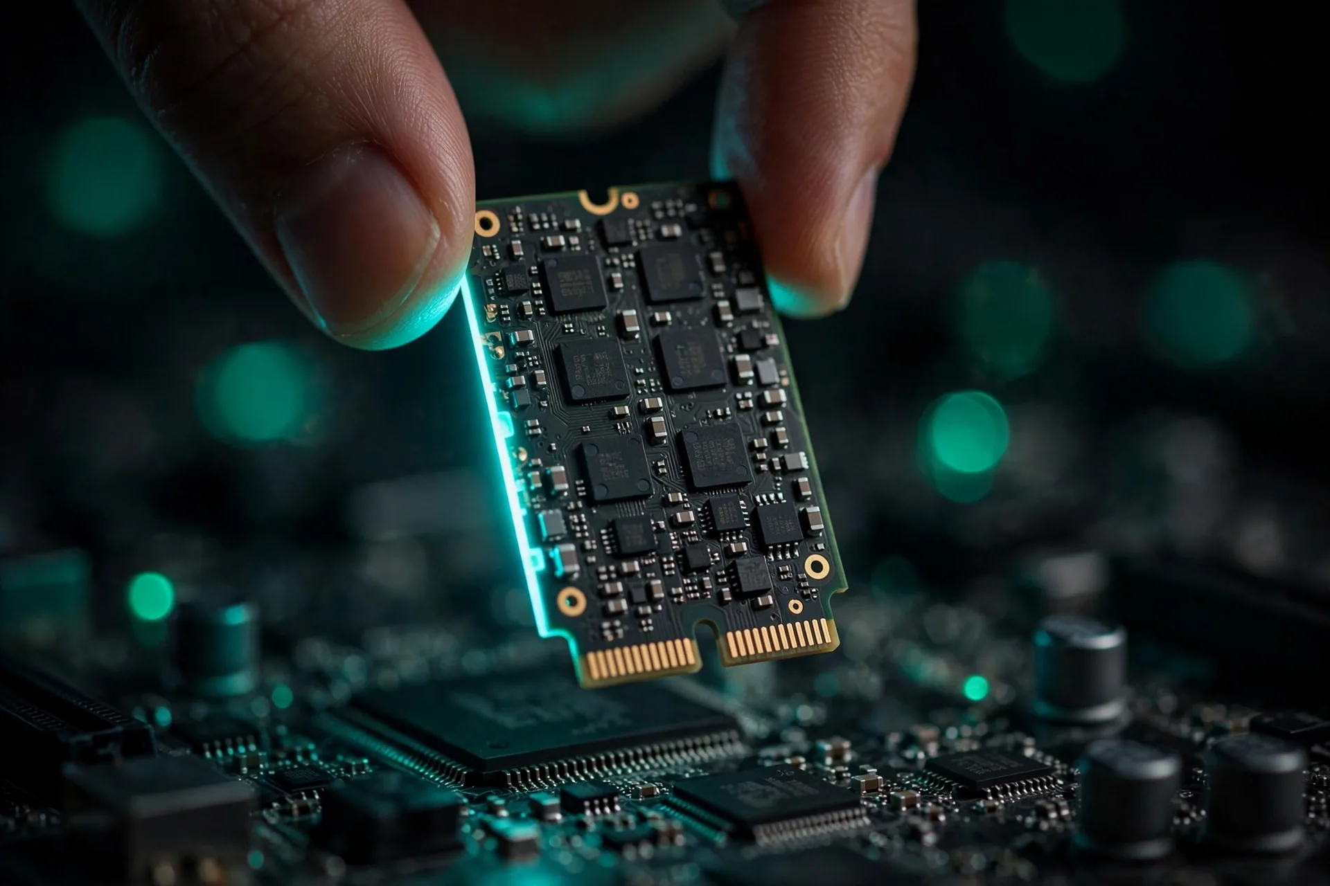 An NVMe solid state drive being fitted into a motherboard M.2 slot