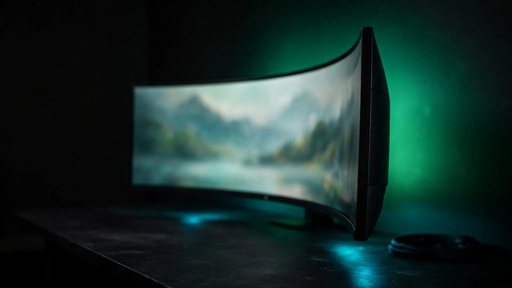An ultrawide curved monitor on a desk showing a wide game scene