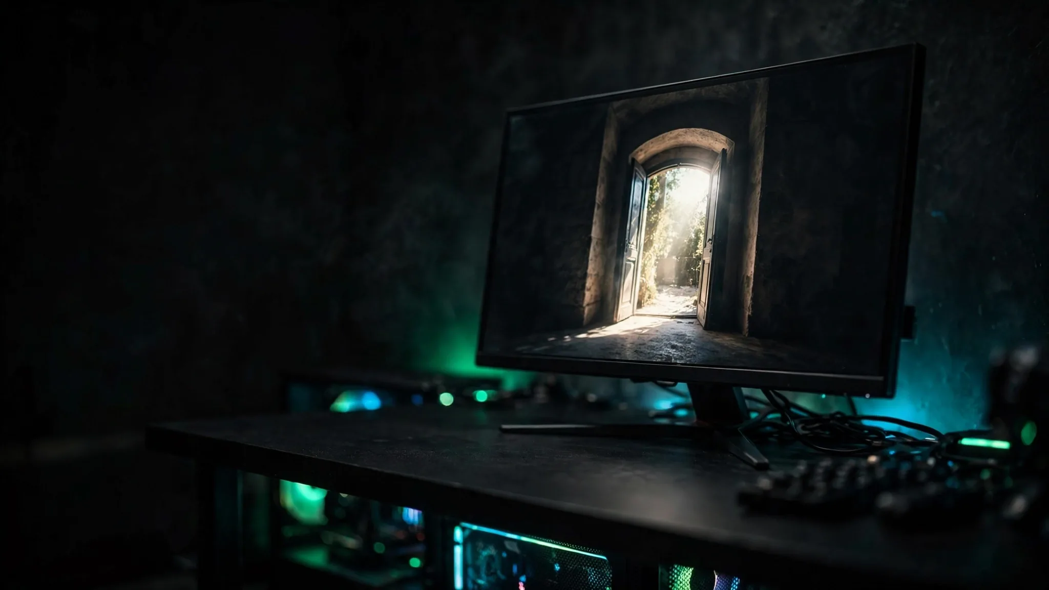 A monitor displaying a high-contrast scene with bright highlights against dark shadows