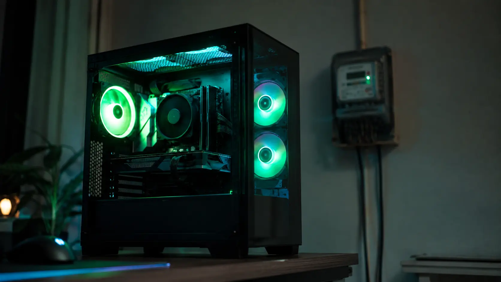 A gaming PC glowing in a dark room with a household electricity meter behind it
