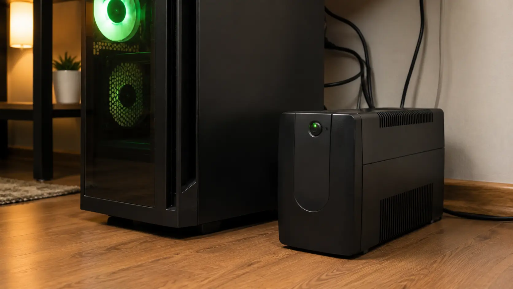 A UPS battery backup unit on the floor next to a desktop gaming PC